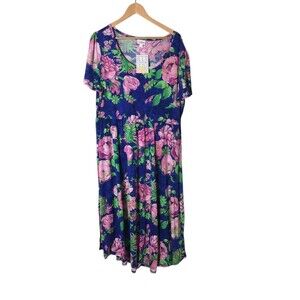 LuLaRoe Dress Women's Size 3XL Blue Pink Riley Floral Short Sleeve Maxi